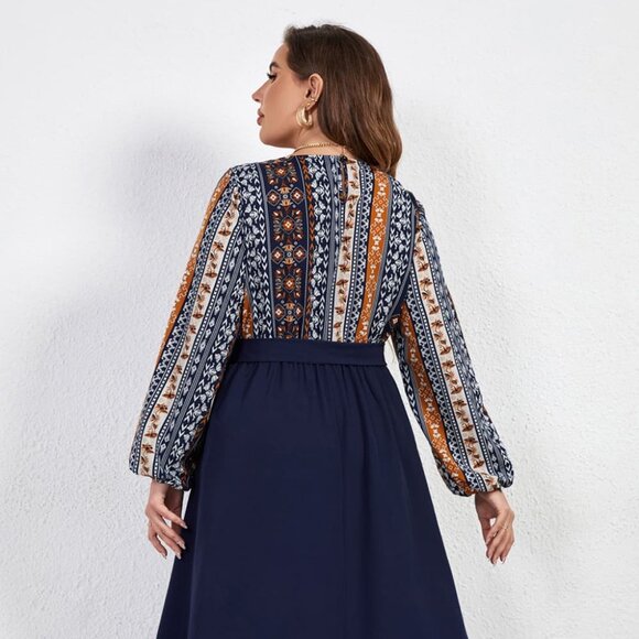 Melo Apparel Plus Size Printed Tie Belt Boat Neck Midi Dress - Picture 5 of 7